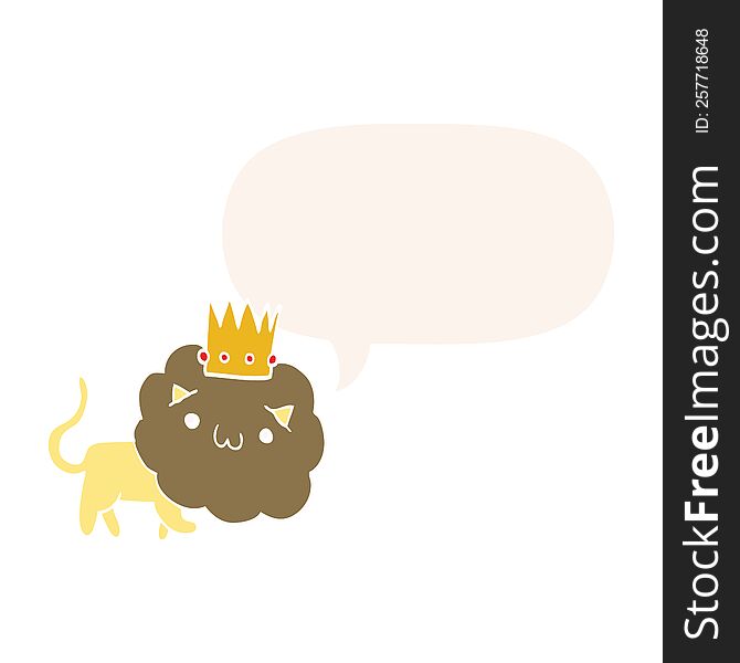 Cartoon Lion And Crown And Speech Bubble In Retro Style
