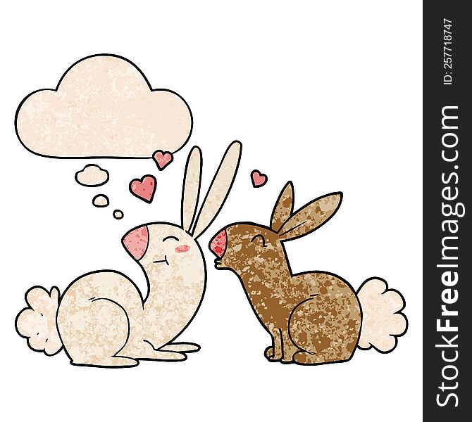 cartoon rabbits in love with thought bubble in grunge texture style. cartoon rabbits in love with thought bubble in grunge texture style