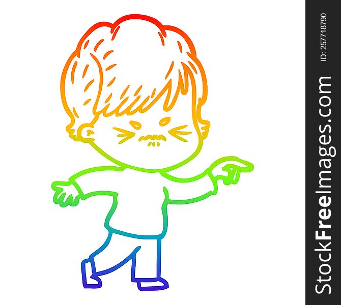 rainbow gradient line drawing of a cartoon frustrated woman