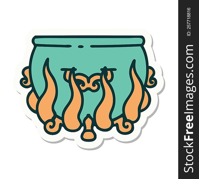 sticker of tattoo in traditional style of a lit cauldron. sticker of tattoo in traditional style of a lit cauldron