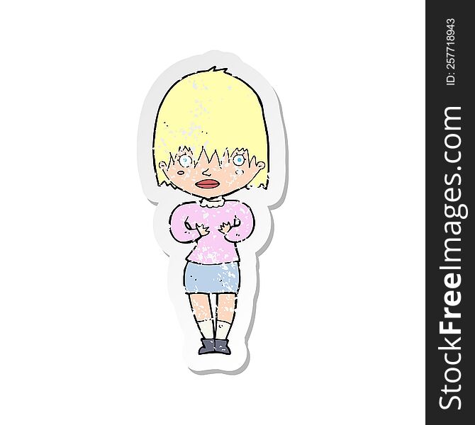 retro distressed sticker of a cartoon woman making Who Me gesture