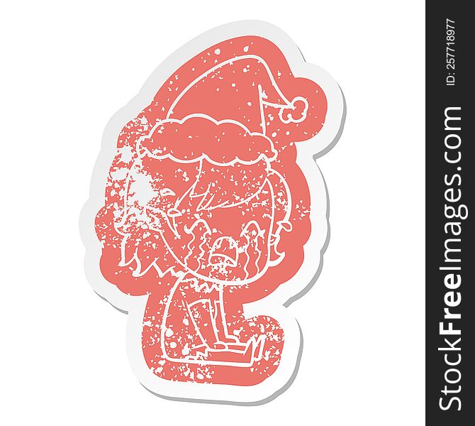 quirky cartoon distressed sticker of a crying vampire girl wearing santa hat
