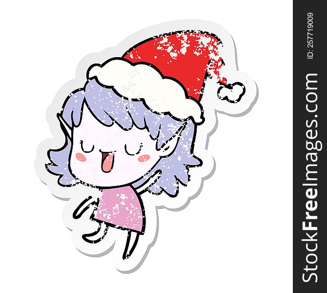 Distressed Sticker Cartoon Of A Elf Girl Wearing Santa Hat