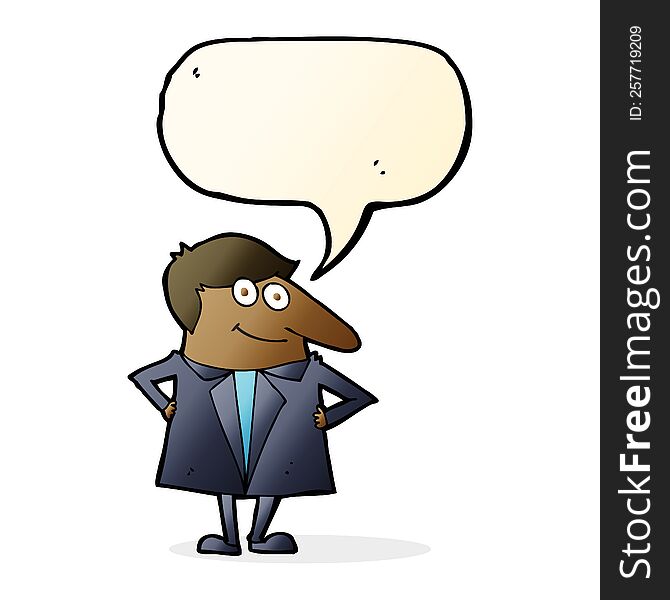 cartoon happy man in suit with speech bubble