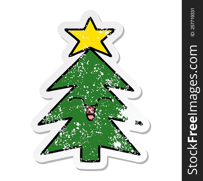 Distressed Sticker Of A Cute Cartoon Christmas Tree