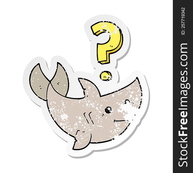 distressed sticker of a cartoon shark asking question