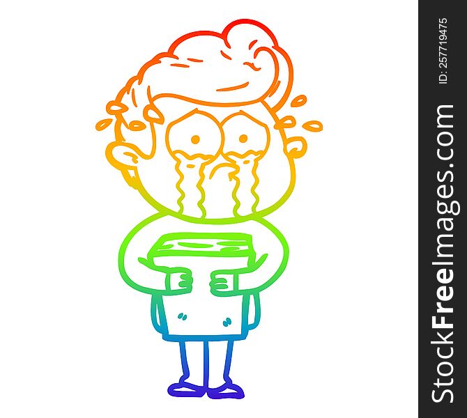 rainbow gradient line drawing of a cartoon crying man holding book