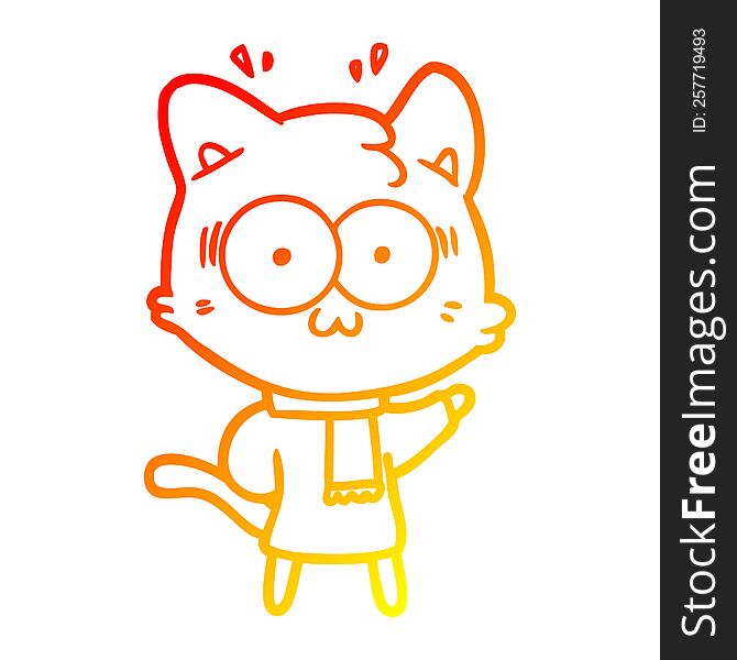 warm gradient line drawing of a cartoon surprised cat wearing warm winter clothes