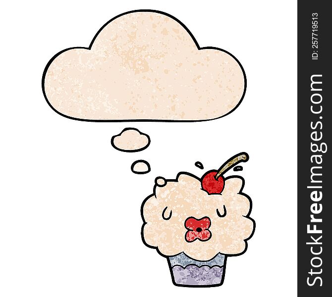Cartoon Cupcake And Thought Bubble In Grunge Texture Pattern Style