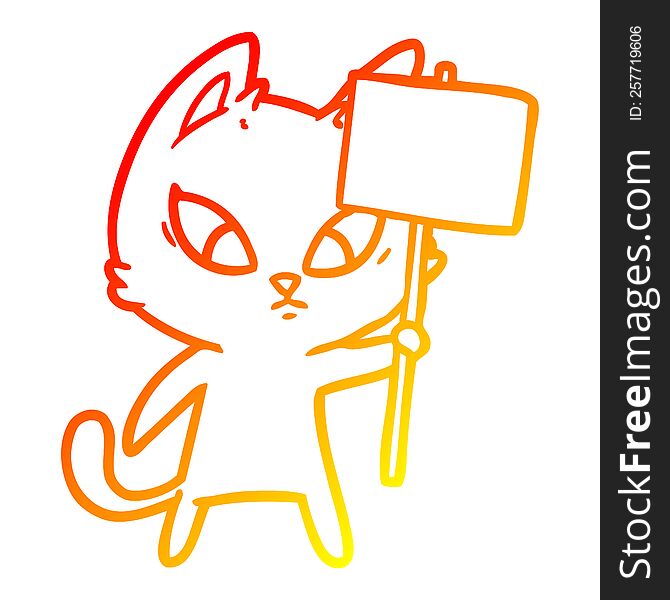 Warm Gradient Line Drawing Confused Cartoon Cat With Protest Sign