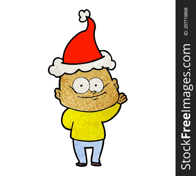 hand drawn textured cartoon of a bald man staring wearing santa hat