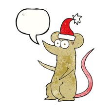 Speech Bubble Textured Cartoon Mouse Wearing Christmas Hat Stock Photo
