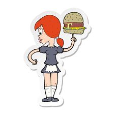 Sticker Of A Cartoon Waitress Serving A Burger Royalty Free Stock Image
