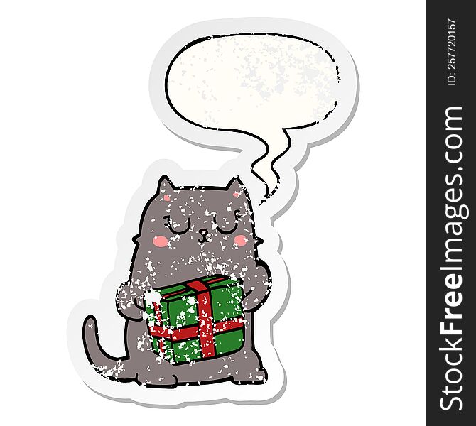 cartoon christmas cat with speech bubble distressed distressed old sticker. cartoon christmas cat with speech bubble distressed distressed old sticker