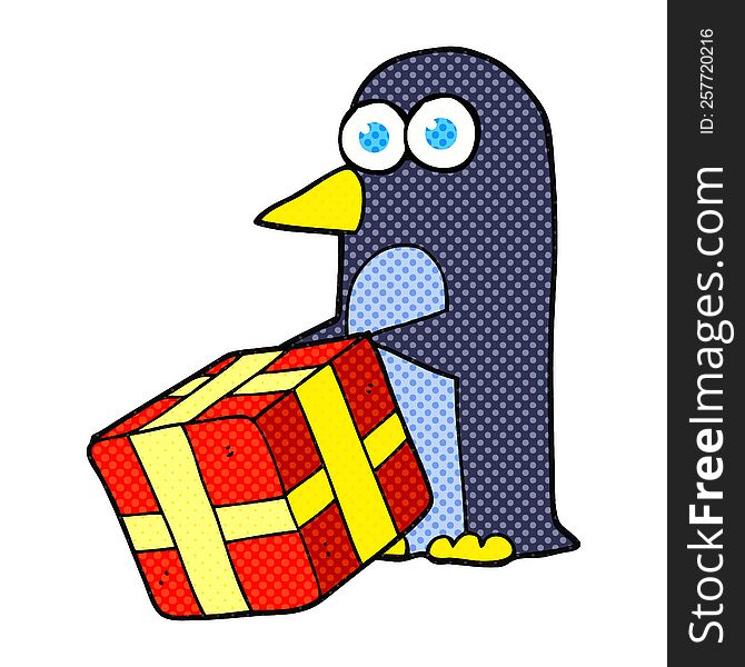 freehand drawn cartoon penguin with christmas present