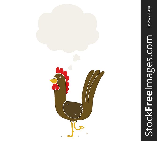 cartoon rooster with thought bubble in retro style