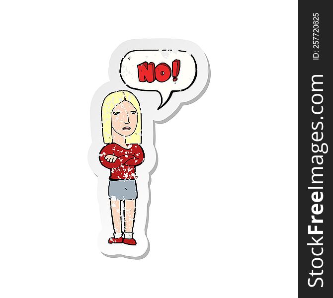 Retro Distressed Sticker Of A Cartoon Woman Saying No