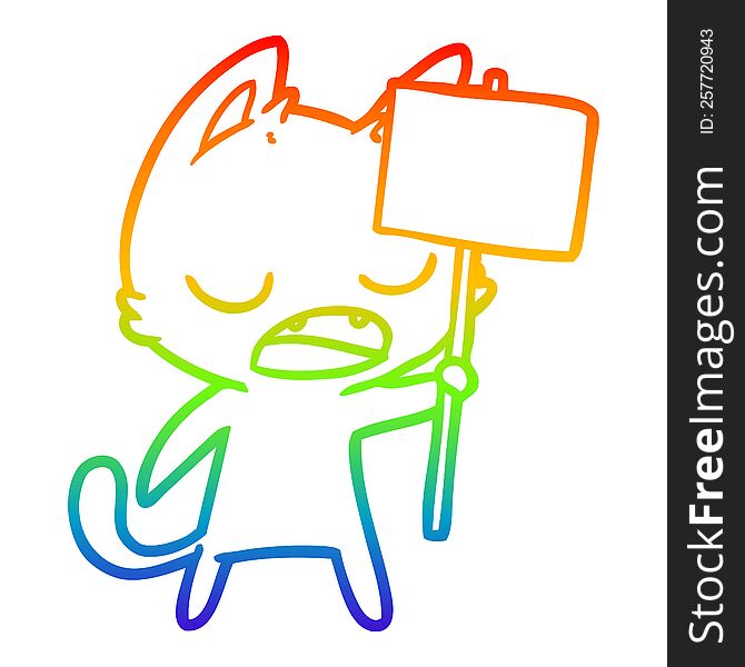 rainbow gradient line drawing of a talking cat cartoon with placard