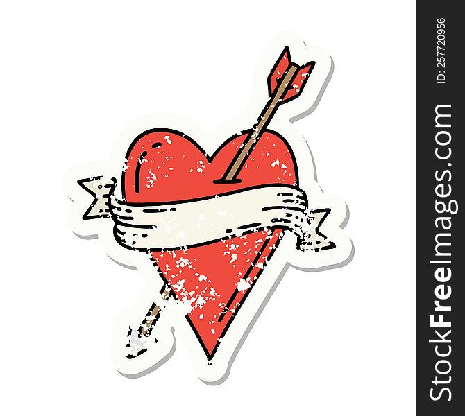 distressed sticker tattoo in traditional style of an arrow heart and banner. distressed sticker tattoo in traditional style of an arrow heart and banner
