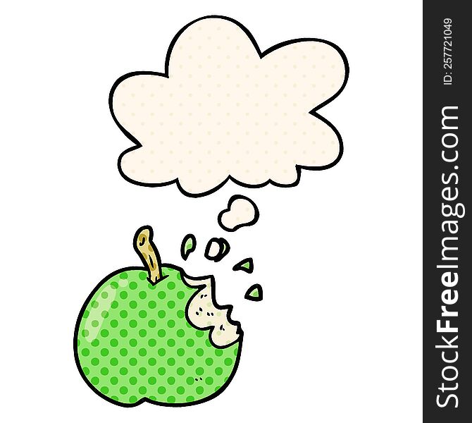 cartoon bitten apple with thought bubble in comic book style