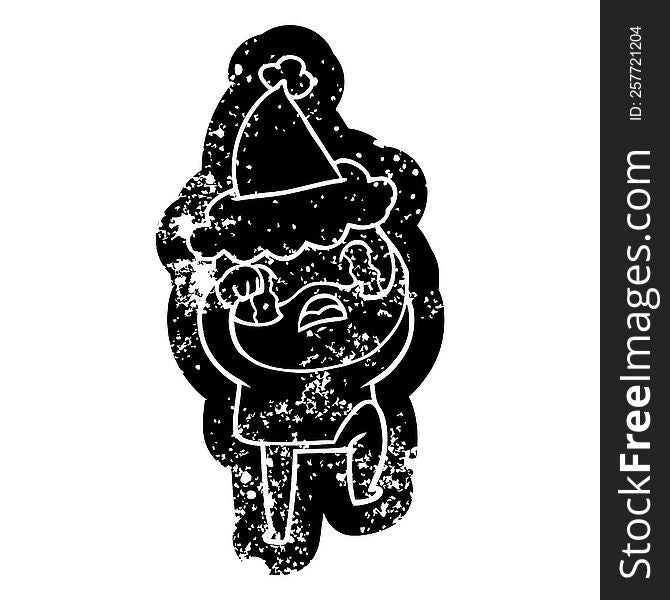 quirky cartoon distressed icon of a bearded man crying and stamping foot wearing santa hat