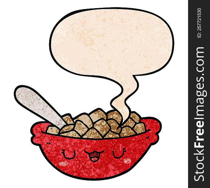 cute cartoon bowl of cereal with speech bubble in retro texture style