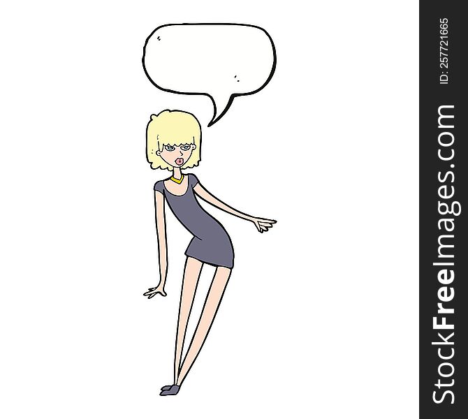 Cartoon Woman In Dress Leaning With Speech Bubble