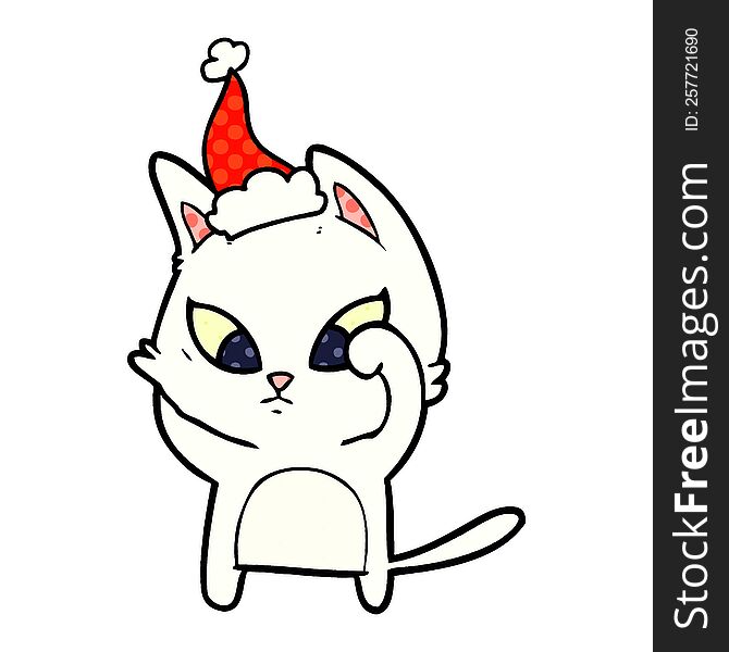 Confused Comic Book Style Illustration Of A Cat Wearing Santa Hat