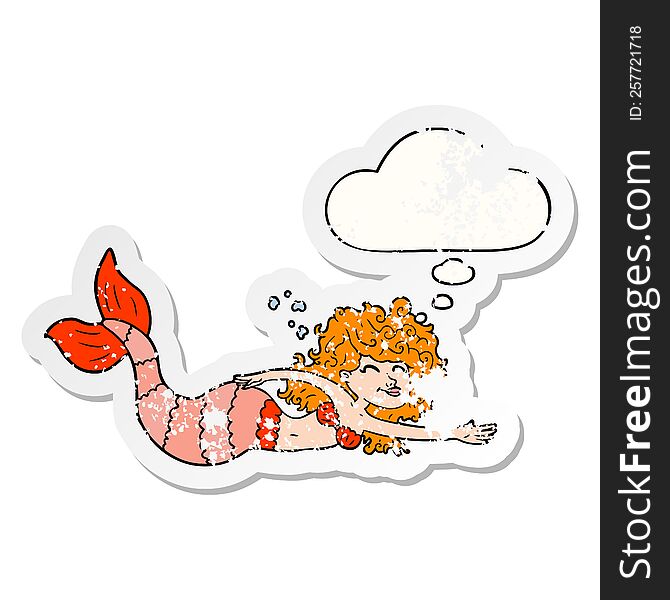 cartoon mermaid with thought bubble as a distressed worn sticker
