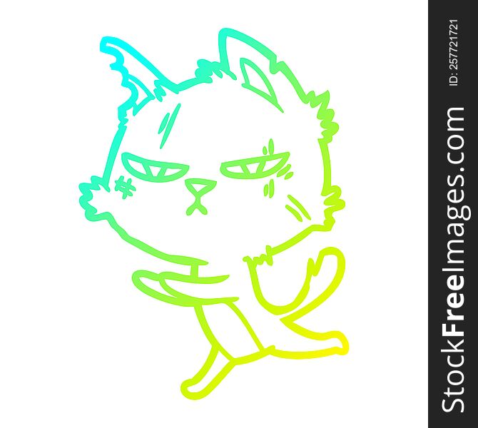 cold gradient line drawing of a tough cartoon cat running