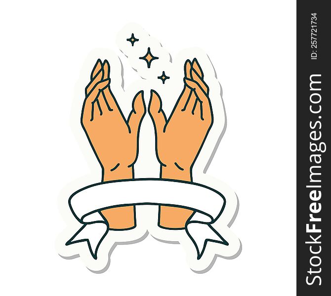 tattoo style sticker with banner of reaching hands