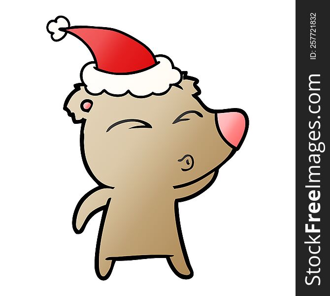 Gradient Cartoon Of A Whistling Bear Wearing Santa Hat