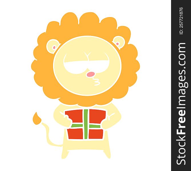 Flat Color Style Cartoon Bored Lion With Present
