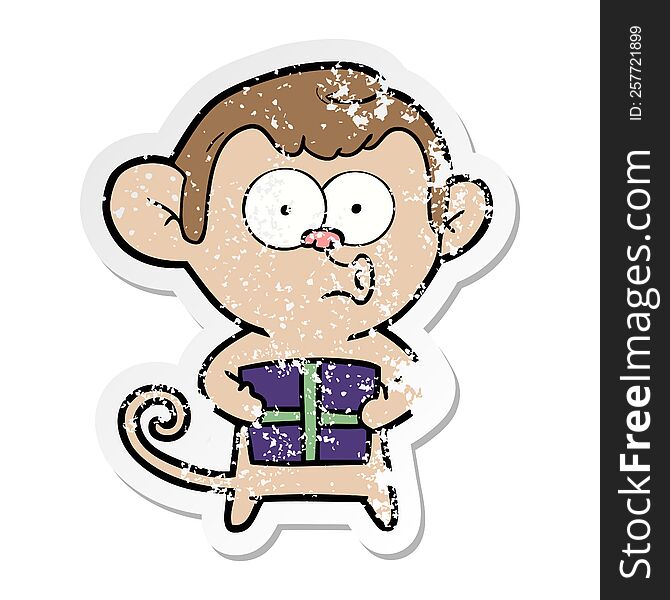 Distressed Sticker Of A Cartoon Christmas Monkey