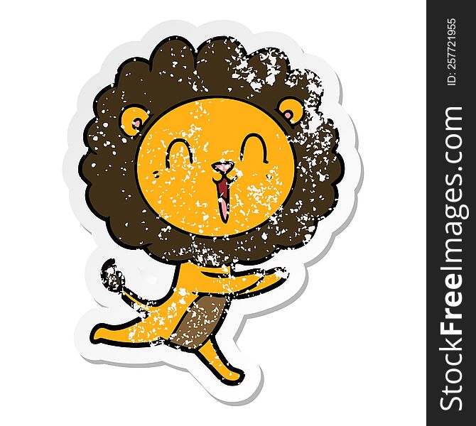 Distressed Sticker Of A Laughing Lion Cartoon Running