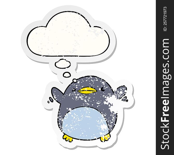 Cute Cartoon Flapping Penguin And Thought Bubble As A Distressed Worn Sticker