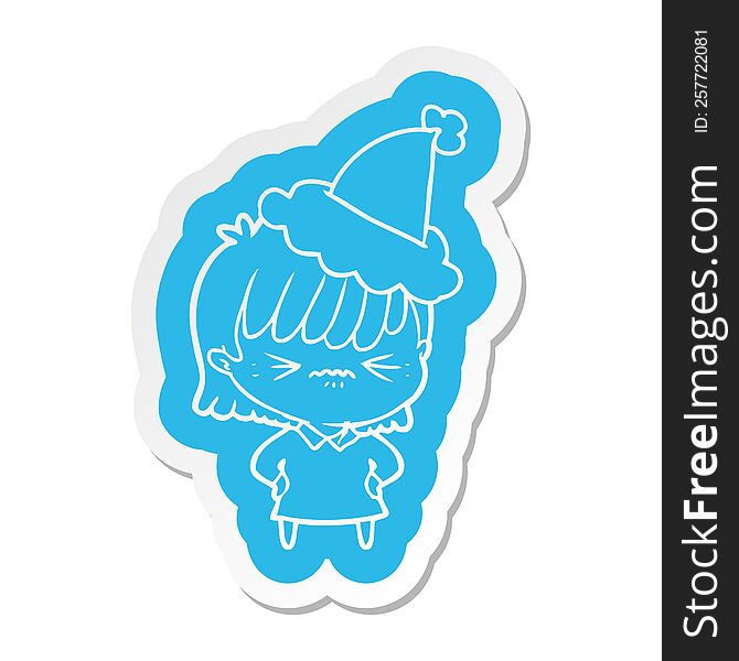 annoyed quirky cartoon  sticker of a girl wearing santa hat