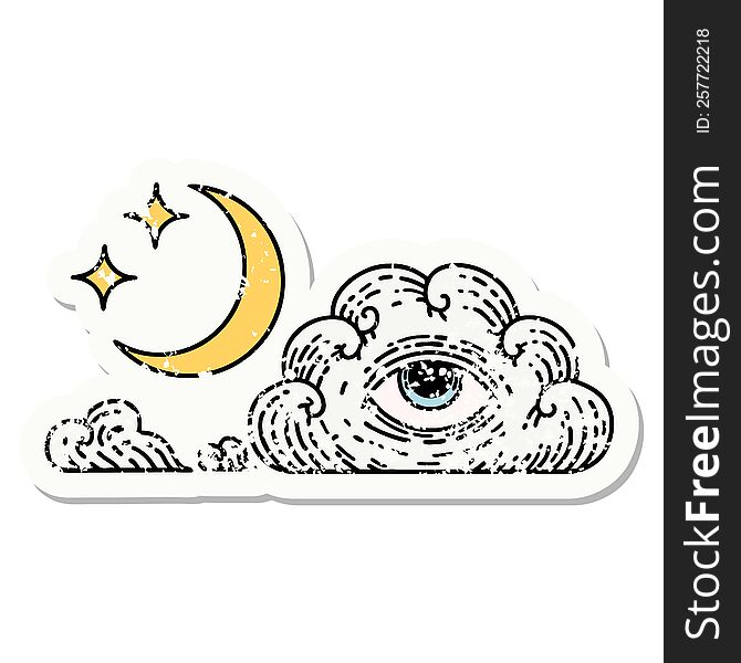 distressed sticker tattoo in traditional style of moon stars and cloud. distressed sticker tattoo in traditional style of moon stars and cloud