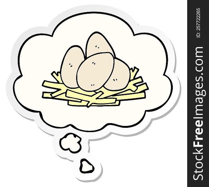 cartoon eggs in nest with thought bubble as a printed sticker