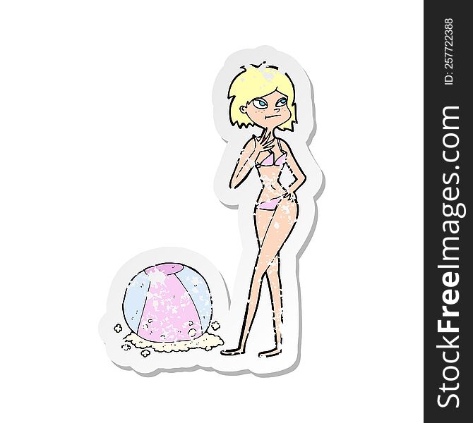 Retro Distressed Sticker Of A Cartoon Woman With Beachball