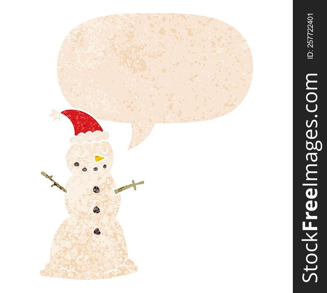 Cartoon Christmas Snowman And Speech Bubble In Retro Textured Style