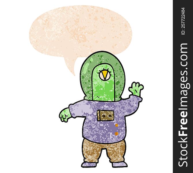 Cartoon Space Alien And Speech Bubble In Retro Textured Style