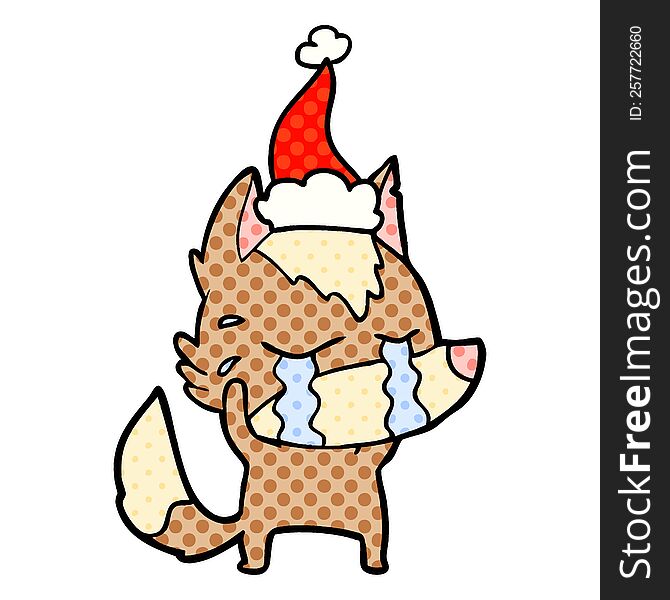 hand drawn comic book style illustration of a crying wolf wearing santa hat