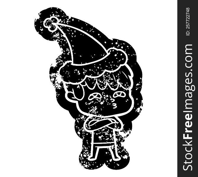 Cartoon Distressed Icon Of A Curious Man Wearing Santa Hat