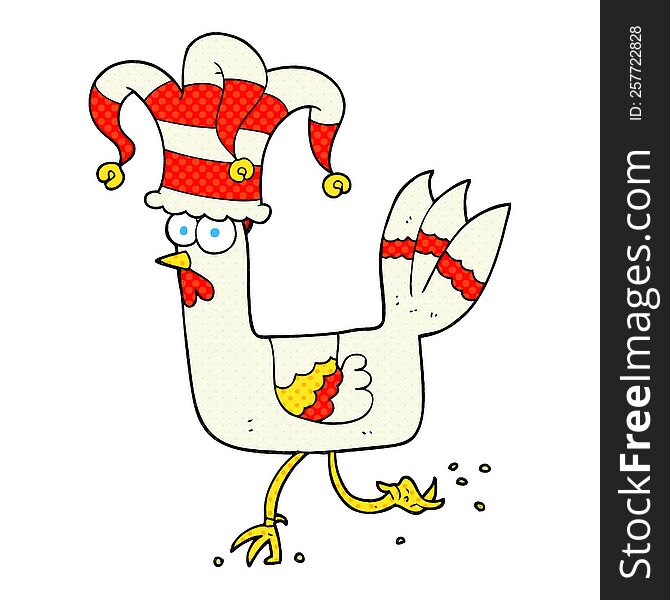 freehand drawn cartoon chicken running in funny hat