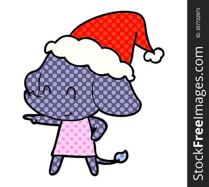 cute hand drawn comic book style illustration of a elephant wearing santa hat