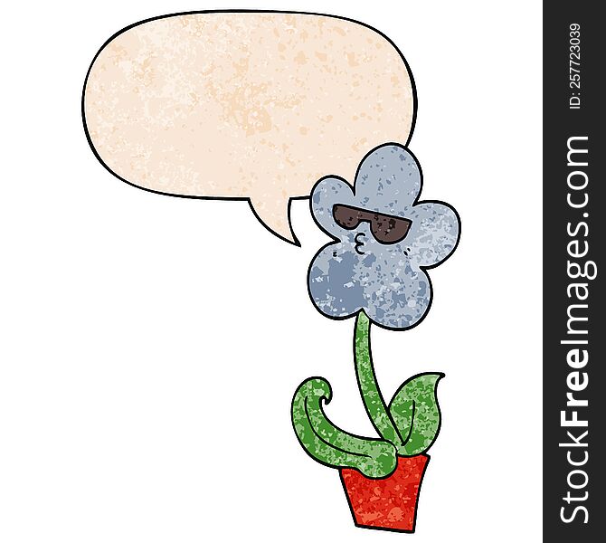 cool cartoon flower and speech bubble in retro texture style