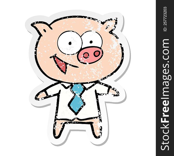 distressed sticker of a cheerful pig in office clothes