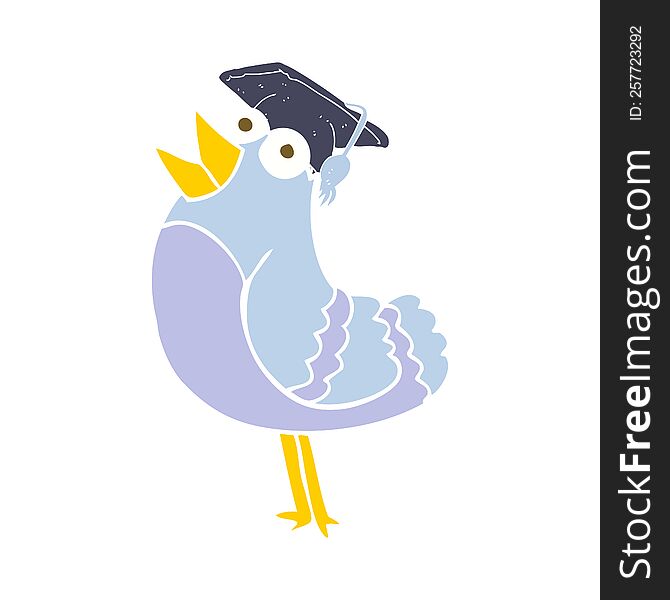 Flat Color Illustration Of A Cartoon Bird Wearing Graduation Cap