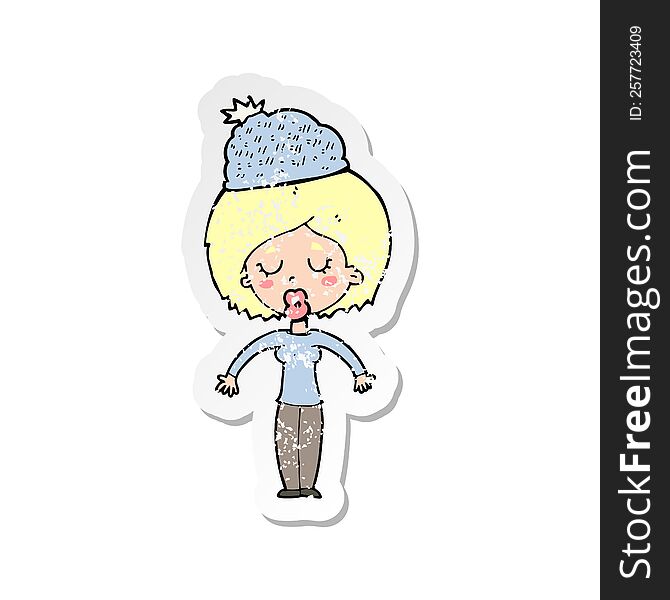 Retro Distressed Sticker Of A Cartoon Woman Wearing Winter Hat